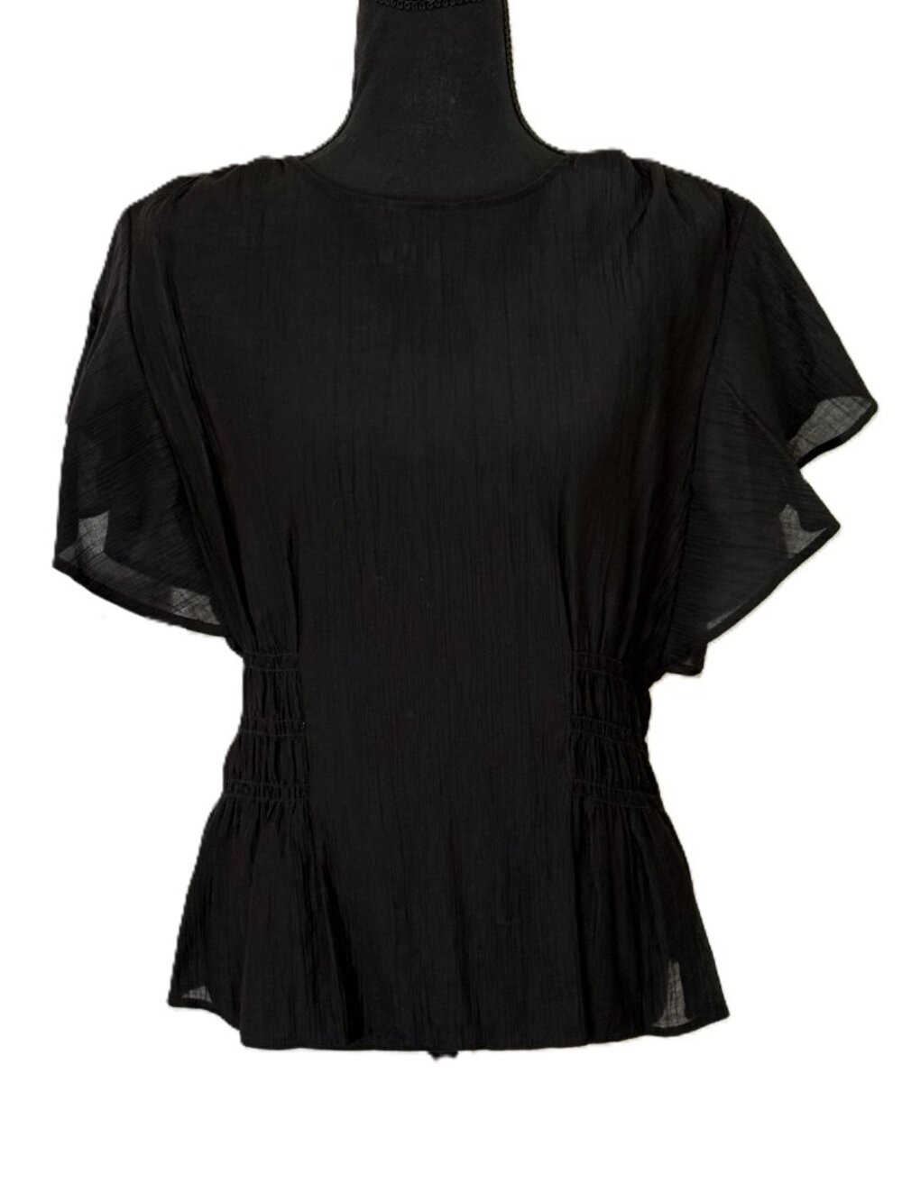 H&M | Black Flutter Sleeve Smocked Waist Blouse | Black | Medium